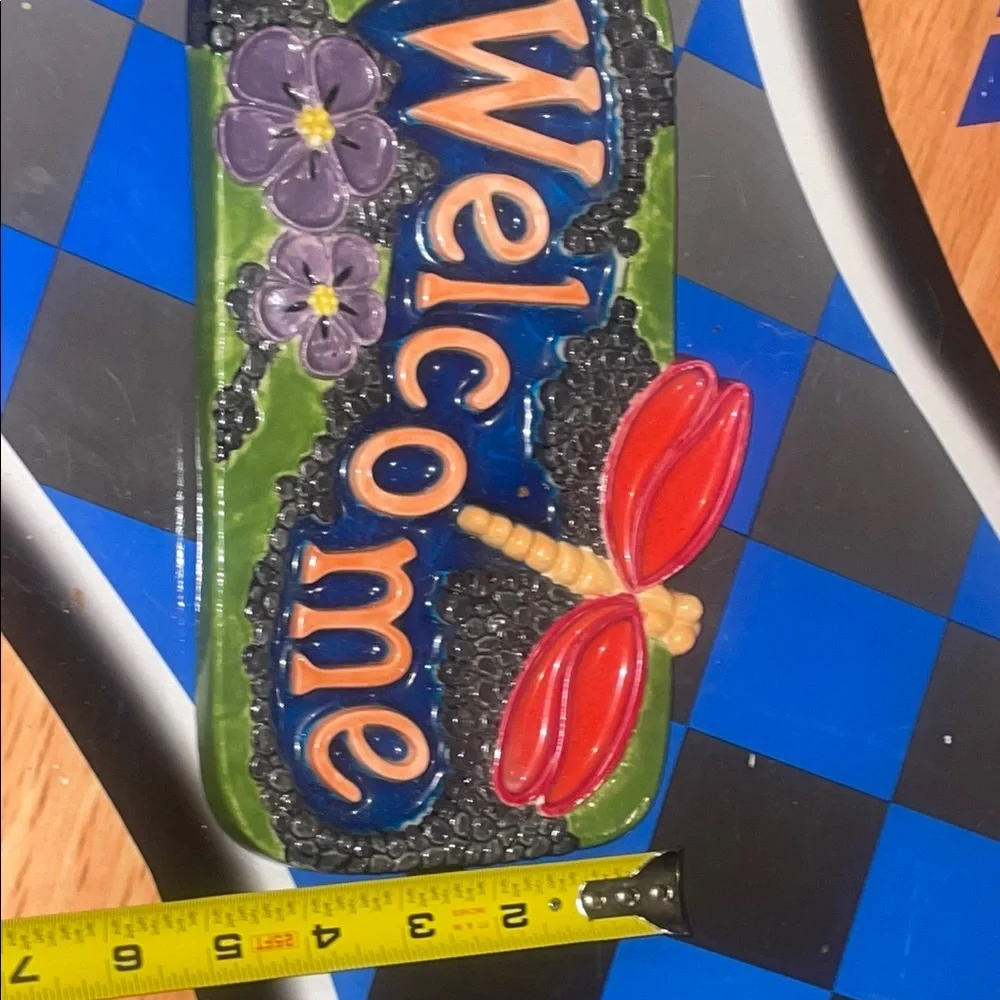 Ceramic Colorful Welcome Sign with Dragonfly Design/ Hand-Painted